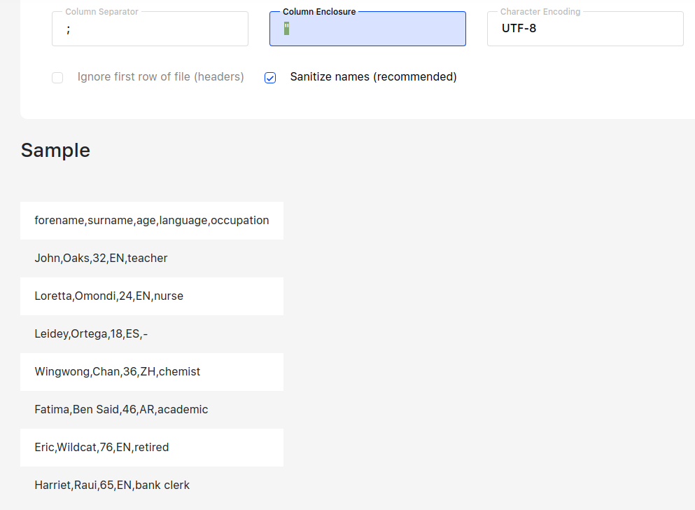 screenshot of a file preview using the wrong CSV controls